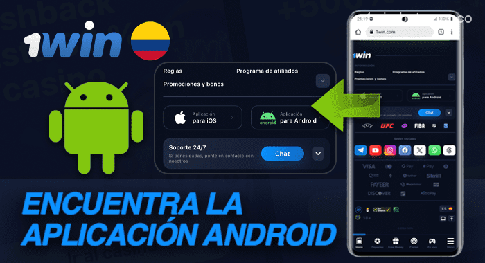 En la parte inferior de la página de inicio de 1win, busque el icono de la aplicación Android